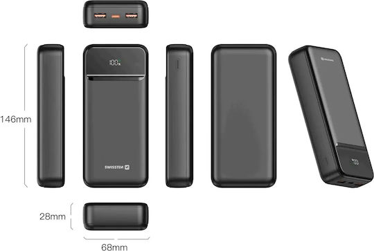 Swissten POWER LINE II Power Bank 20000mAh 22.5W με 2 Θύρες USB-A και Θύρα USB-C Μαύρο