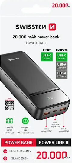 Swissten POWER LINE II Power Bank 20000mAh 22.5W με 2 Θύρες USB-A και Θύρα USB-C Μαύρο