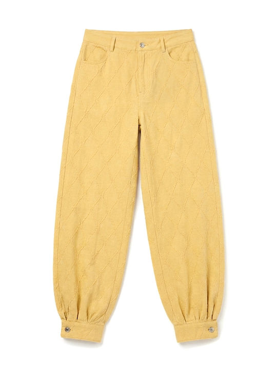 Pants Women C.manolo Γυναικείο Ψηλόμεσο Υφασμάτινο Παντελόνι σε Balloon Γραμμή Κιτρινο