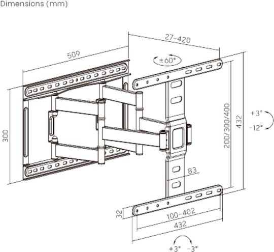 Brateck TV Wall Mount with Extension Arm up to 75" and 60kg Black