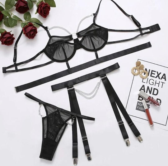 Roza Rz2043 Sexy Σετ Εσωρούχων Ζαρτιέρα Αλυσίδες & Garter Belt Μαύρο