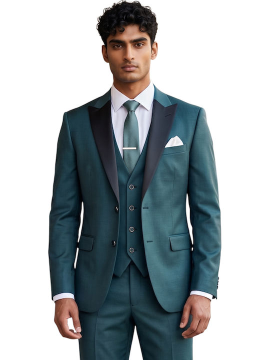 Men's Groom's Suit with Vest Petrol Blue