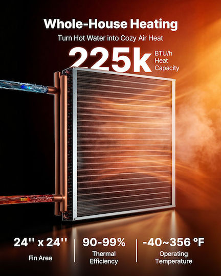 Schimbător De Căldură Vevor Water To Air 610 X 610 Mm Serpentină Schimbător De Căldură Hvac Aripioare Țeavă Hvac Țevi De Cupru & Aripioare De Aluminiu Ieșire 225k Btu Pentru Cuptoare Exterioare Pe Lemne Sisteme De Încălzire Răcire Hidronică