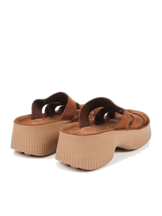 Leather Women's Flat Sandals Tabac Brown