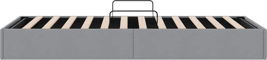 Pat Single Tapițat cu Material Gri cu Spațiu de Stocare Plăci și Saltea 100x203cm