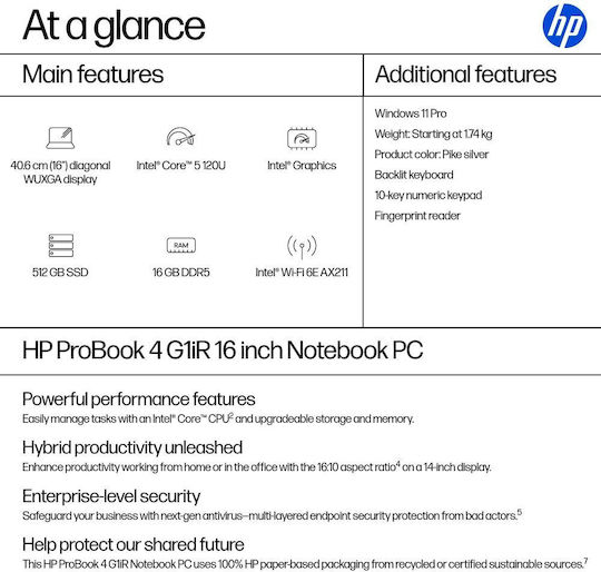 HP ProBook 4 G1iR 16" IPS FHD+ (Nucleu 7-150U/16GB/1TB SSD/Fără sistem de operare) (Tastatură International English)