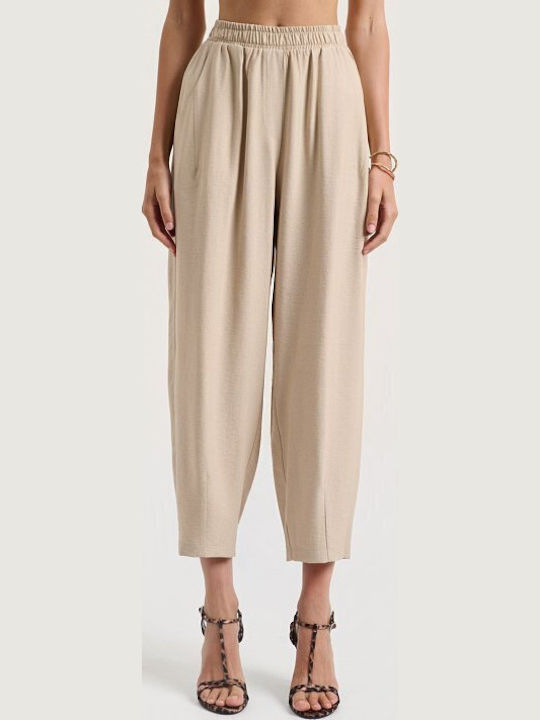 Women's Beige Set with Trousers with Rubber Band in Relaxed Fit