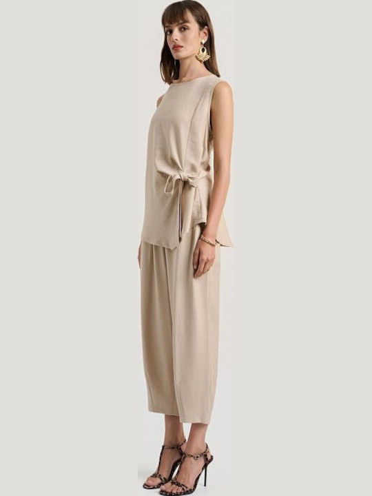 Women's Beige Set with Trousers with Rubber Band in Relaxed Fit