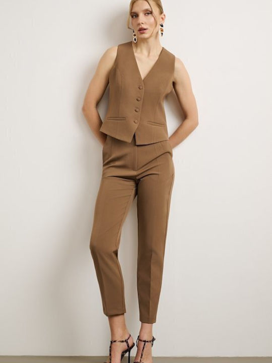 Women's High-waisted Fabric Trousers Slim Fit Brown
