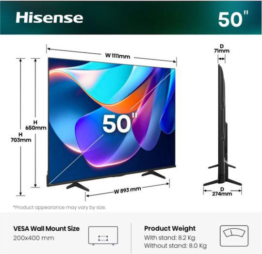 Hisense Smart Τηλεόραση 50" 4K UHD LED A6S HDR (2026) 50A6S