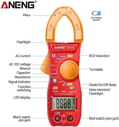 Aneng Digital Clamp Meter 500A AC ST170-RED True RMS