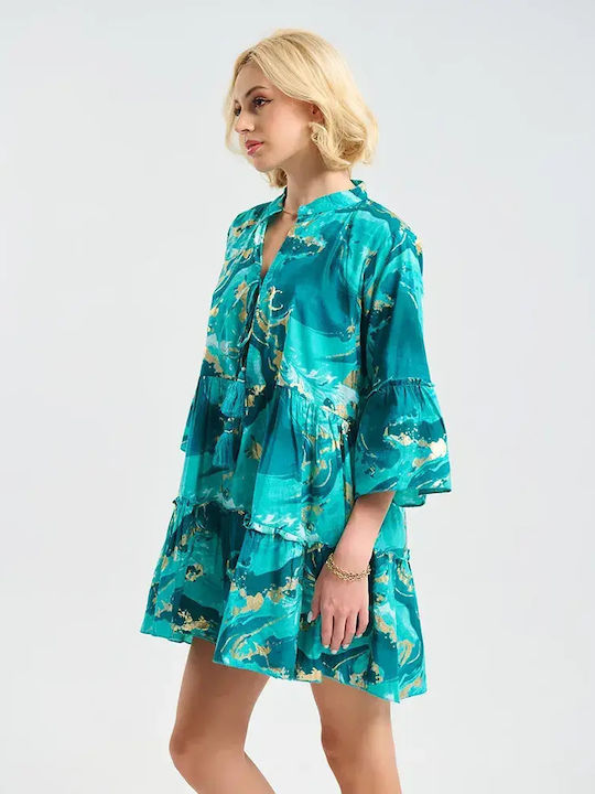Ble Resort Collection 100% Καφτάνι Παραλίας Τυρκουαζ/χρυσο Ble Resort Collection 100% Καφτάνι Παραλίας Τυρκουαζ/χρυσο
