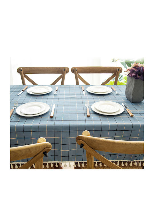 FRIPIA Checkered Tablecloth with Light Blue Embroidery 140x250cm