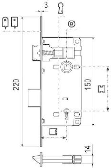 Mesoportas Lock Agb Atene 40x75mm Yellow Gold Square Plate & Bevelled Bolt Gold