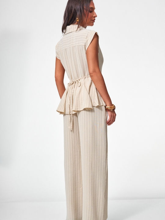 Set Bej Dama Cu Pantaloni Cu Dungi