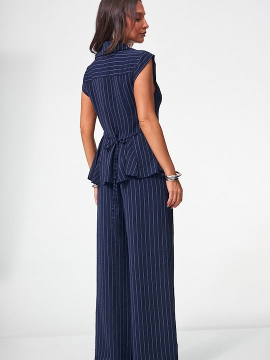 Damen Marineblaues Dunkles Set mit gestreiften Hosen