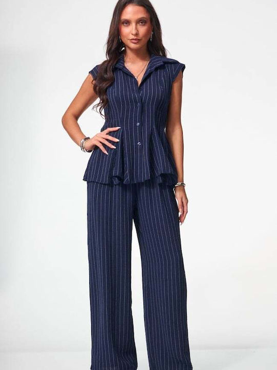 Damen Marineblaues Dunkles Set mit gestreiften Hosen