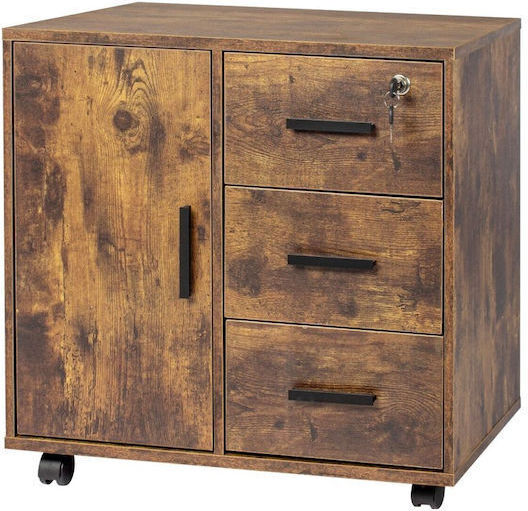 Office Storage Drawer Wooden with Wheels and Lock Brown 60x40x57cm