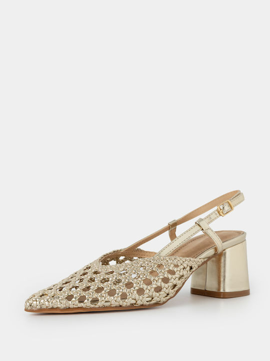 Pointed Toe Heels with Strap & Chunky Medium Gold Heel