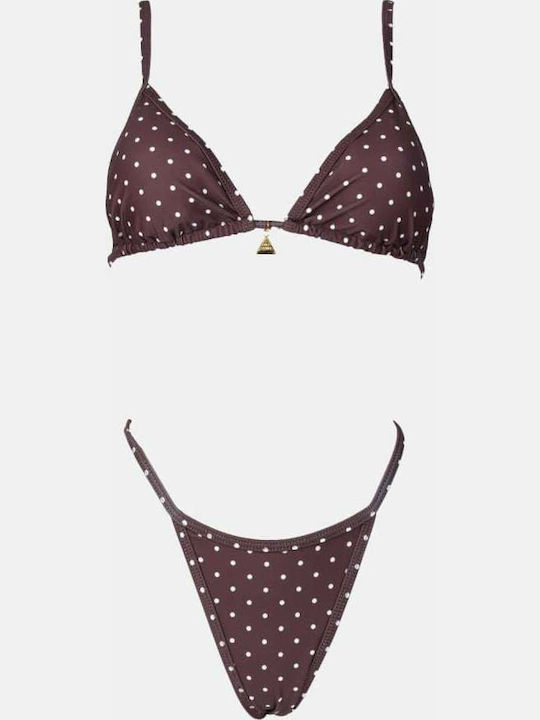 Bikini Set 3 Pieces Triangle & String Polka Dot Dark Brown