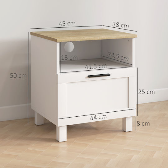 Κομοδίνο από Μασίφ Ξύλο και Γυαλί Λευκό 45x38x50cm