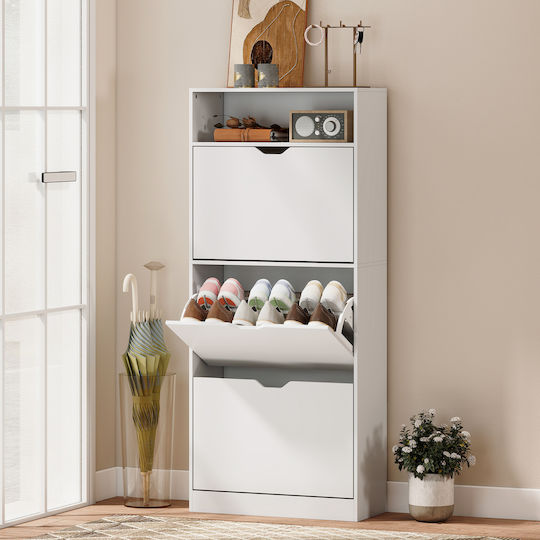 Wooden Shoe Cabinet for Boots/Ankle Boots White with Tilting Shelves L60xD26xH140cm