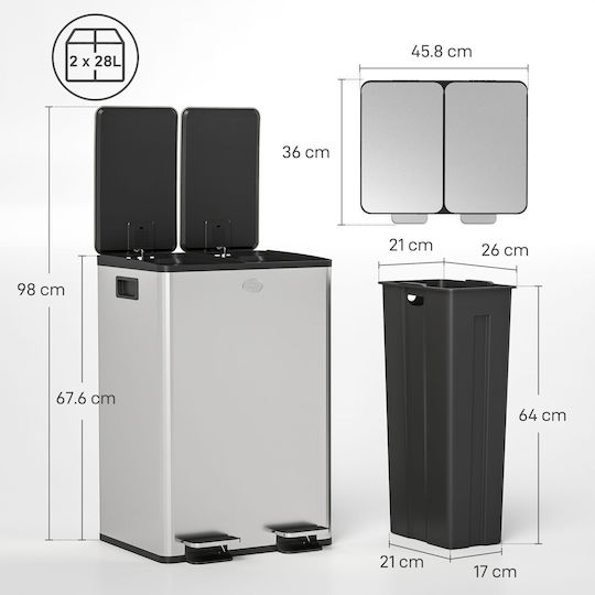 HomCom Recycling Waste Bin Made of Stainless Steel with Pedal 28lt Silver