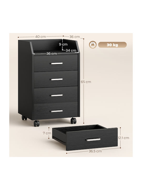 Office Drawer Wooden with Wheels & Drawers Black Wood Effect 40x36x65cm
