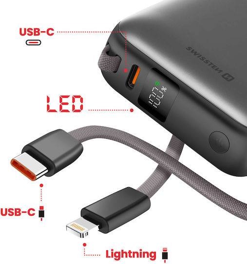 Swissten Power Bank 10000mAh 22.5W με Θύρα USB-C Power Delivery Ασημί