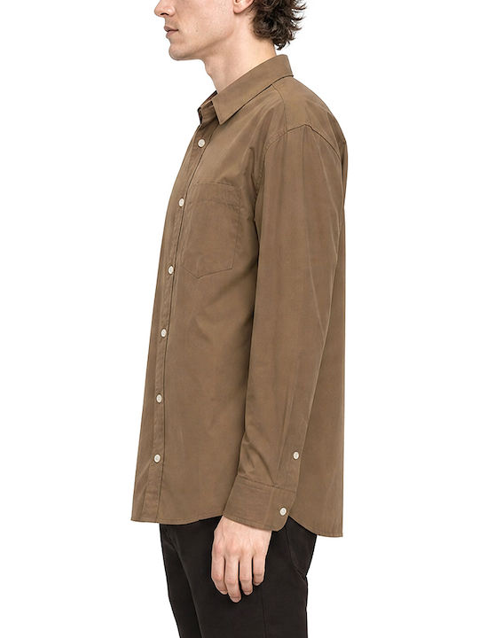 Poplin Long Sleeve Cotton Shirt in Regular Fit Brown