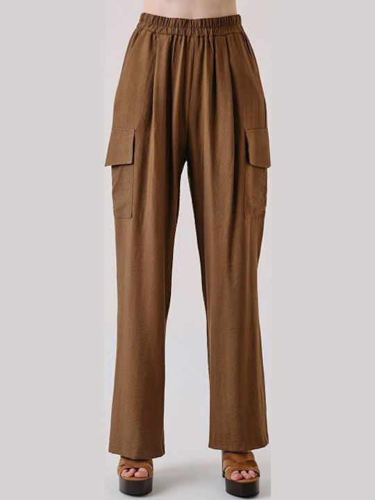 Women's Brown Set with High Rise Trousers with Rubber Band in Loose Fit