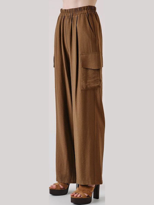 Women's Brown Set with High Rise Trousers with Rubber Band in Loose Fit