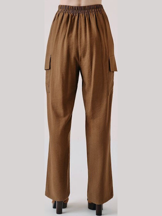 Women's Brown Set with High Rise Trousers with Rubber Band in Loose Fit