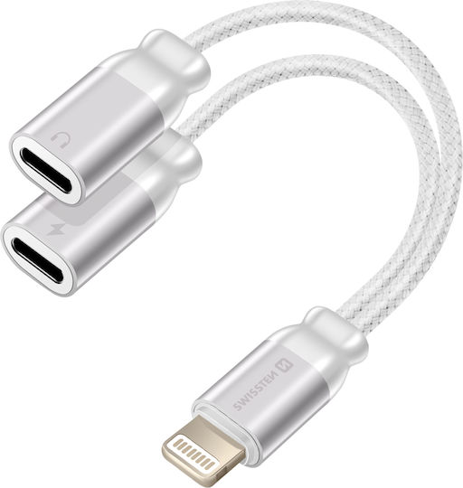 Swissten 2-in-1 Braided Nylon Anti-Tangle Lightning Audio Charging Splitter White