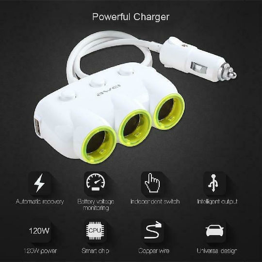 Awei Φορτιστής Αυτοκινήτου 120W 2.1A με Θύρες: 1xUSB 3xΑναπτήρα μαζί με Καλώδιο Ενσωματωμένο Λευκός
