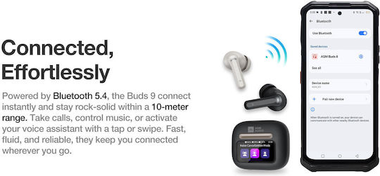 AGM Buds 9 Casti Bluetooth Handsfree cu Rezistență la Transpirație și Husă de Încărcare Negre