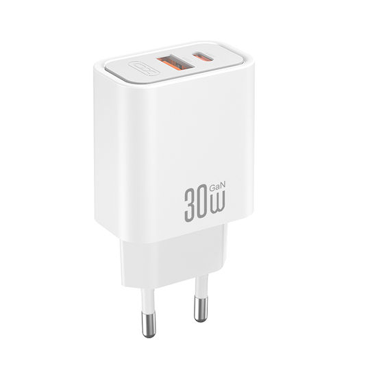 XO Charger Without Cable GaN with USB-A Port and USB-C Port 30W Quick Charge 4.0 White (CE42)