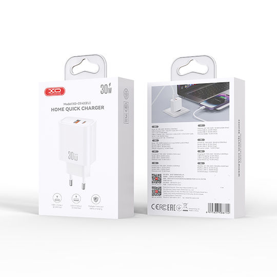 XO Charger Without Cable GaN with USB-A Port and USB-C Port 30W Quick Charge 4.0 White (CE42)