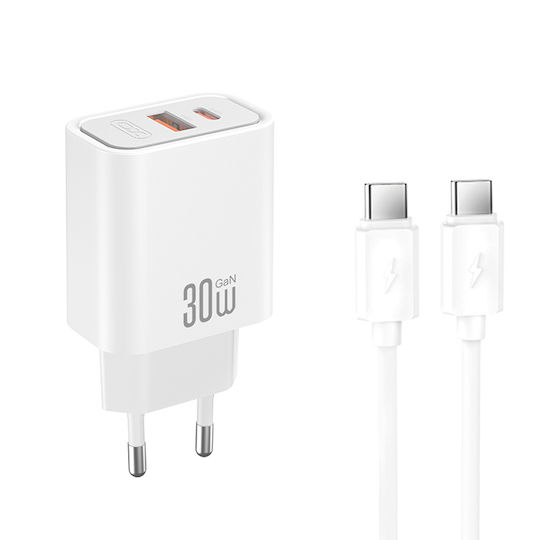 XO Зарядно GaN с USB-A и USB-C порт и кабел USB-C - USB-C 30W Quick Charge 4.0 Бял (CE42)