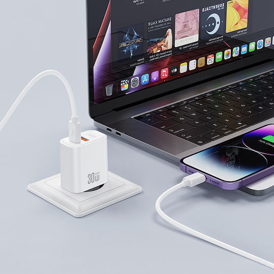 XO Зарядно GaN с USB-A и USB-C порт и кабел USB-C - USB-C 30W Quick Charge 4.0 Бял (CE42)