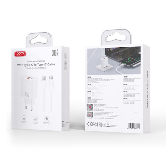 XO Зарядно GaN с USB-A и USB-C порт и кабел USB-C - USB-C 30W Quick Charge 4.0 Бял (CE42)