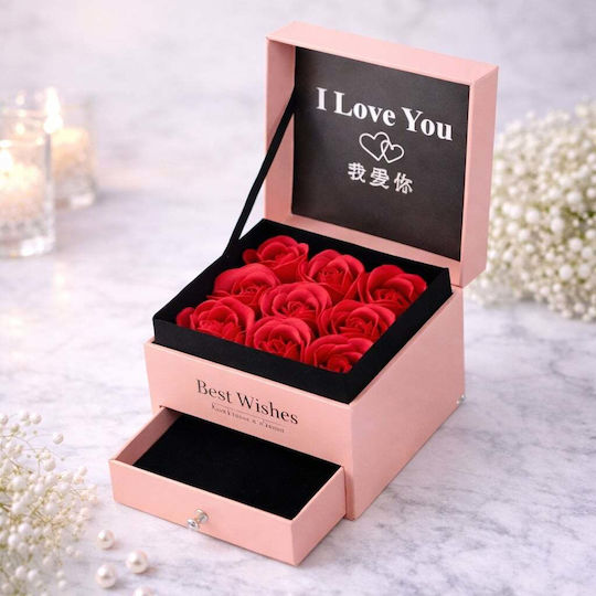 "Love Wishes" Кутия За Аксесоари С Чекмедже Нови Сапунени Рози Картичка За Поздравителни Подаръчна Чанта Розова