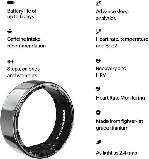 Ultrahuman Air Smart Ring 20.6mm Αδιάβροχο με Παλμογράφο Ασημί