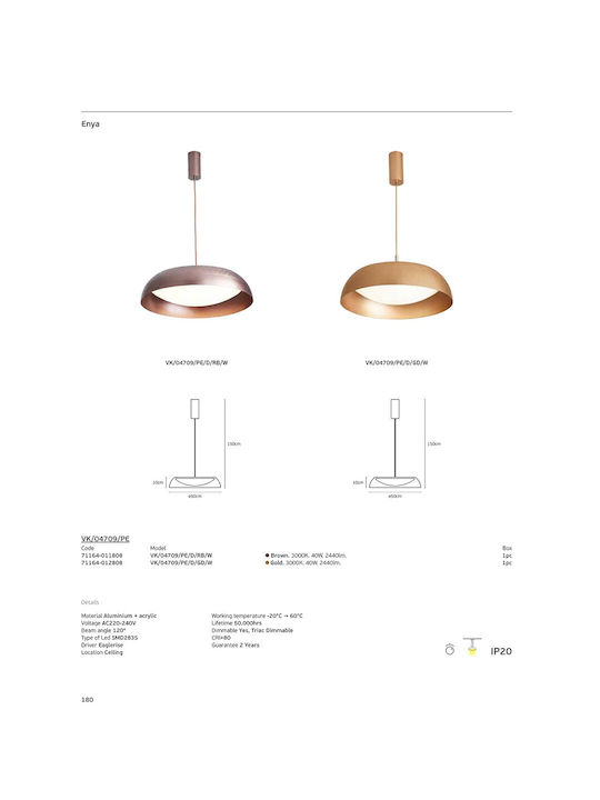VK Lighting Pendant Light Gold LED with Warm White Light
