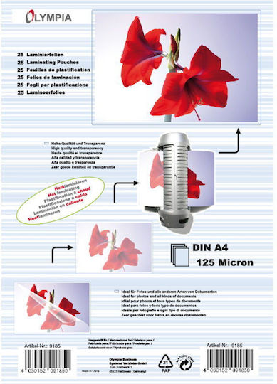 Olympia Din A4 125 Micron Laminating Sheets A4 125 Microns 25 Pieces