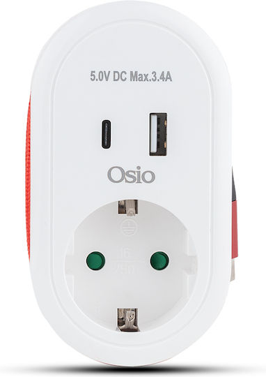 Osio Un singur soclu Securitate cu 1 USB-A, USB-C și Cablu 0.6m