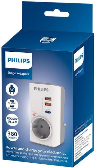 Philips Μονόπριζο Aσφαλείας με 2 USB-A και 1 USB-C