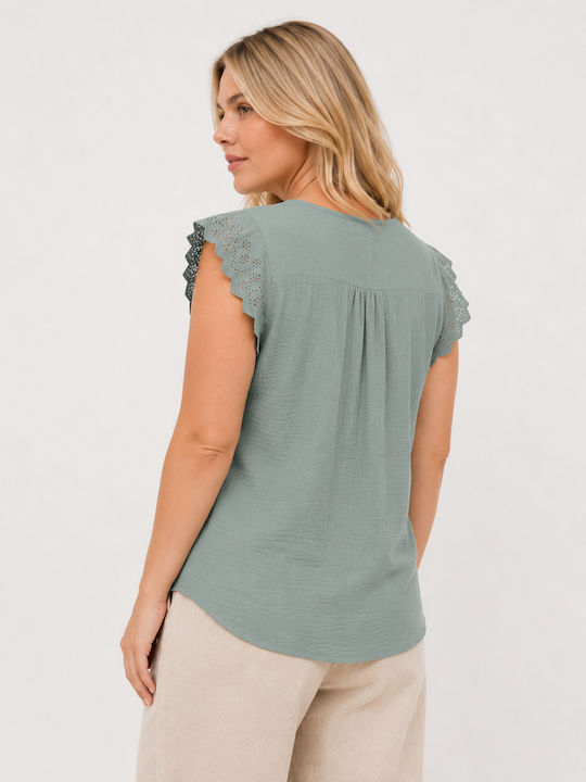 Women's Summer Linen Sleeveless Blouse with V-Neck Green