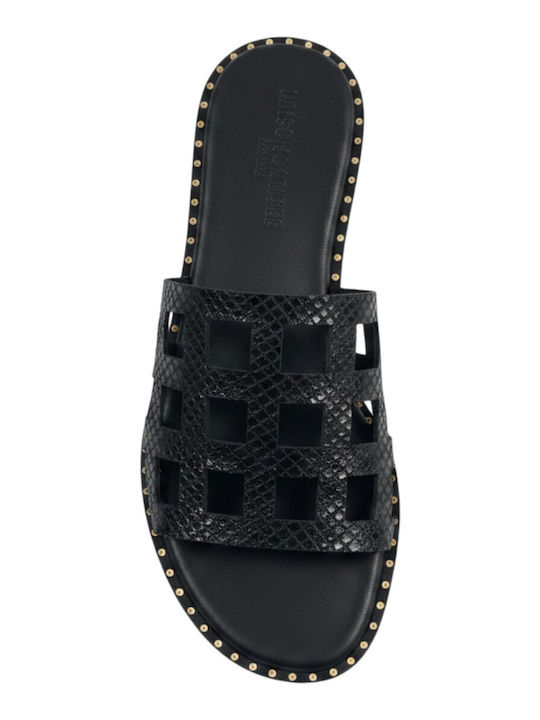 Leder Flache Sandalen Für Damen Schwarz