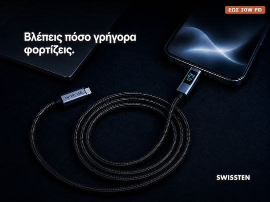 Swissten 3A Lightning to USB-C 30W Cable 1.5m LED Display Power Indicator Black